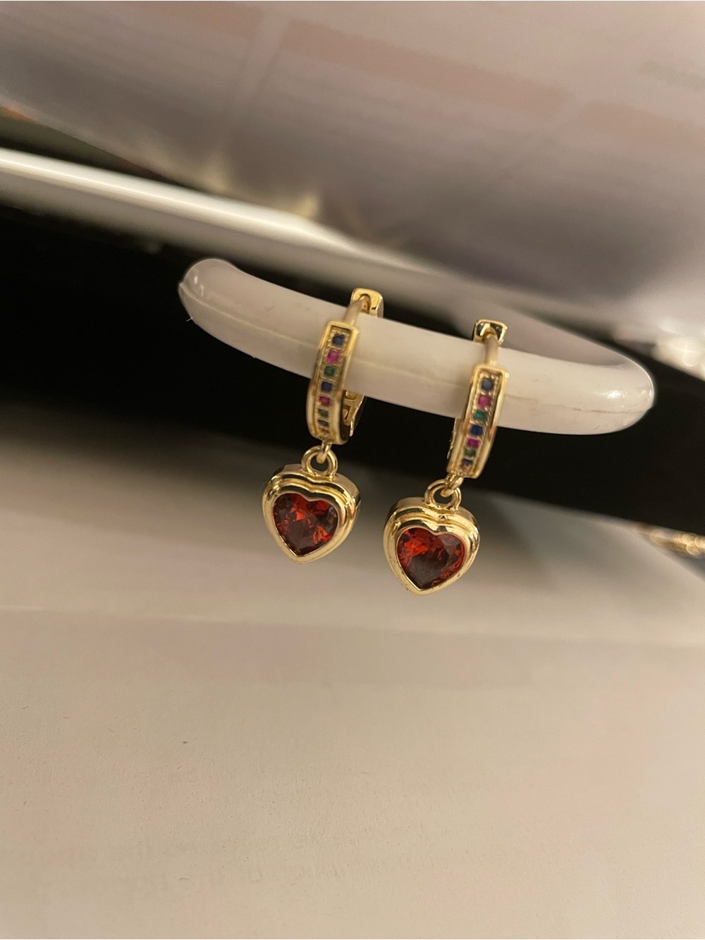 Gold Heart Drop Earrings with Red Gemstones